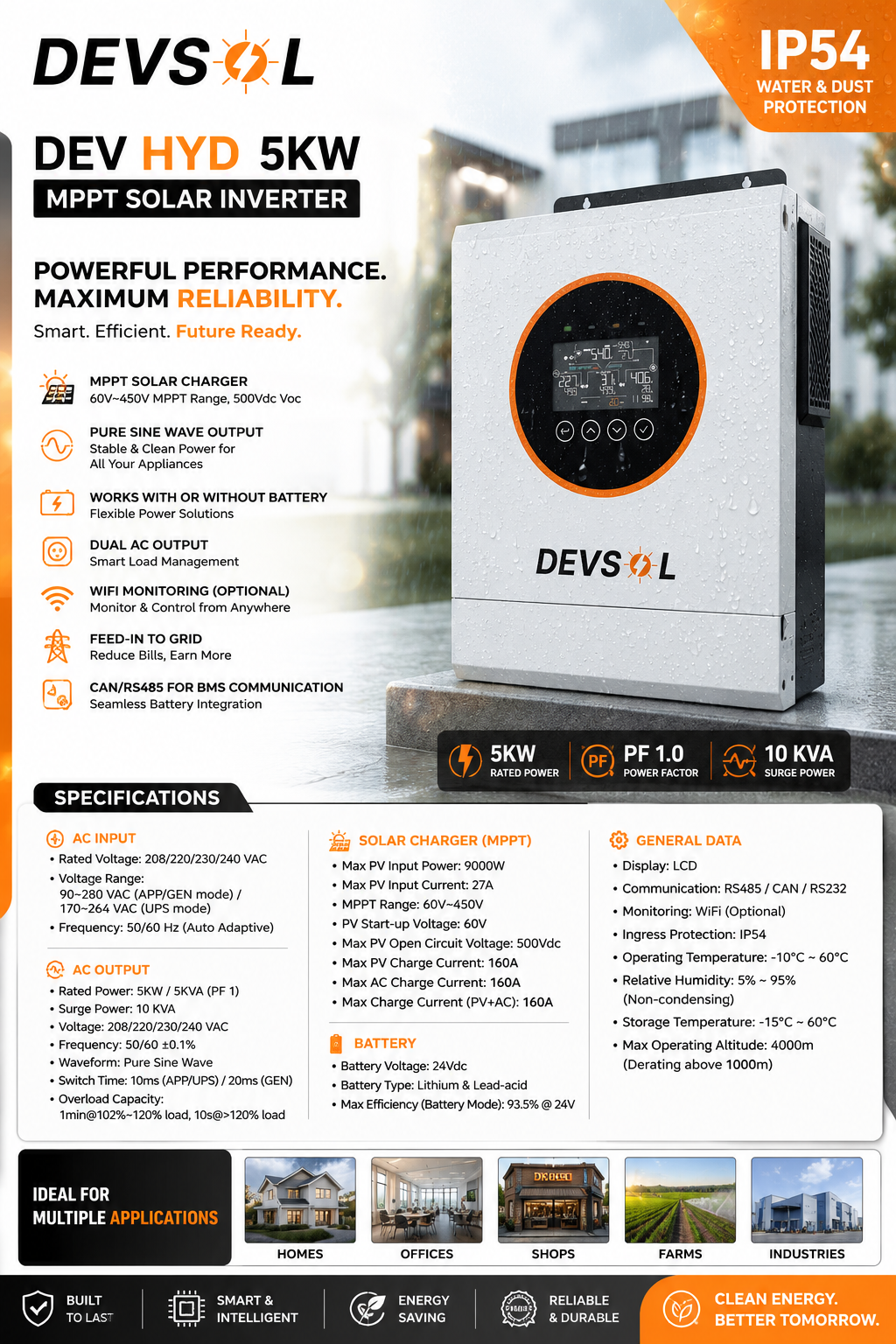 DEV HYD 5kW Hybrid Solar Inverter 24V | IP54 | MPPT | Battery-Less Capable | 4-Year Warranty* - Image 2